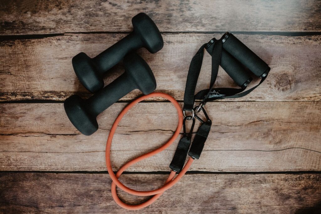 Workout gear like dumbbells and resistant bands