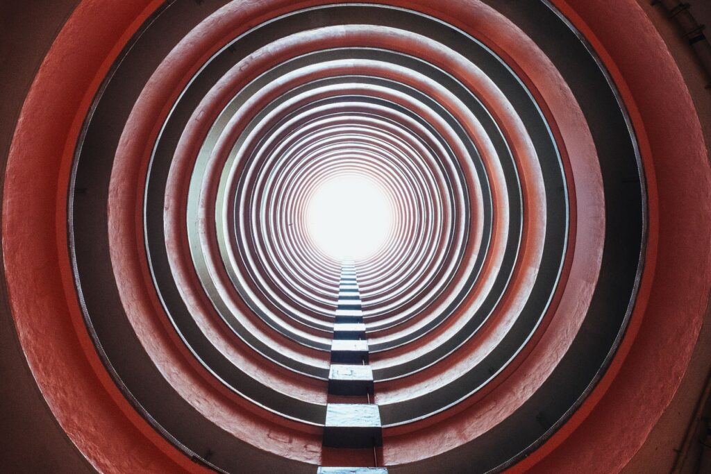 Looking up to a circular walk way